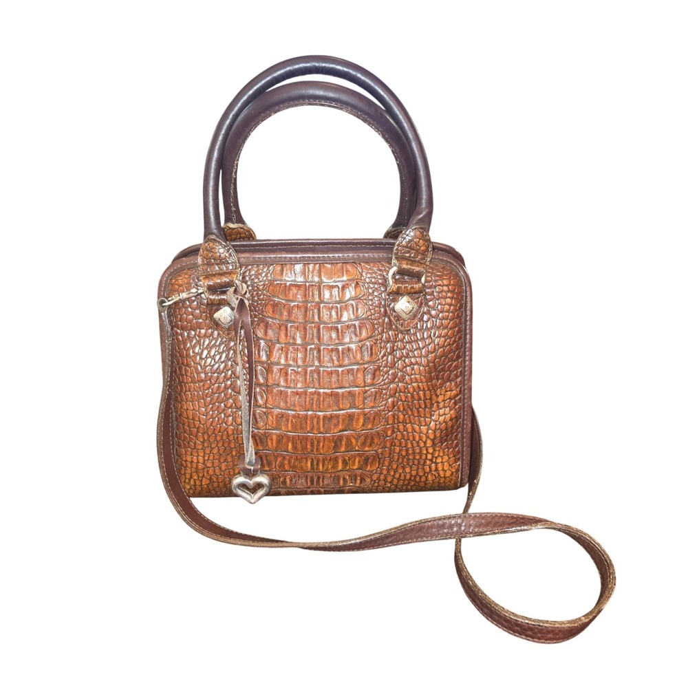 Brighton Satchel Women Small Brown Croc Embossed Leather Heart Charm Crossbody